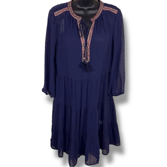 Small Daniel Rainn Blue Dress Boho Peasant Long Sleeve Embroidered Accent Lined - Picture 1 of 15